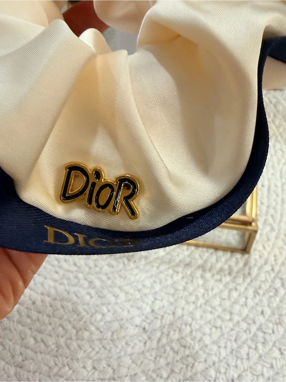 Cream Satin Beaute Scrunchie Navy Logo Hair Tie | NEW